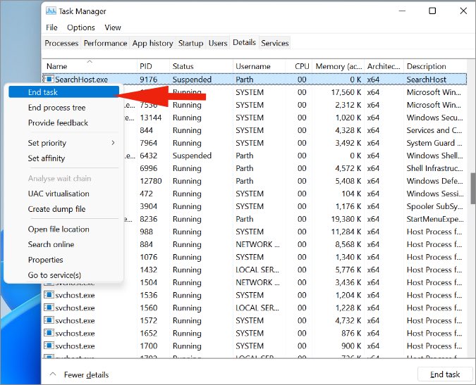 end task for windows search