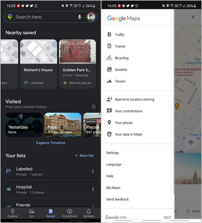 google maps and google maps go sidebar and bottom bar  menu