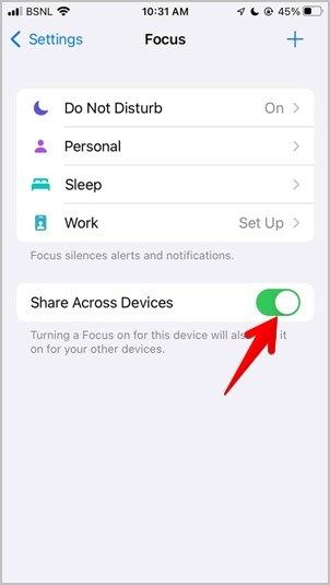 iOS 15 Notifications Turn off Shared Across Devices Focus