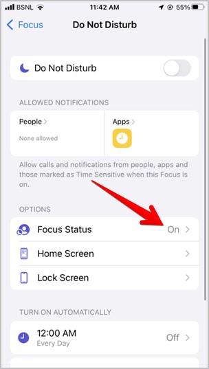 iPhone Has Notifications Silenced Focus Status
