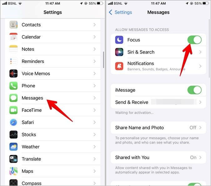 iPhone Has Notifications Silenced Disable Focus Status iMessage 