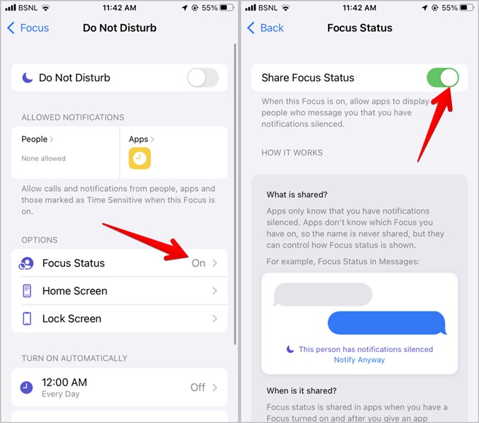 iPhone Has Notifications Silenced Turn off Focus Status