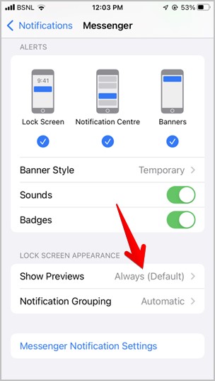 iPhone Notification App Show Previews