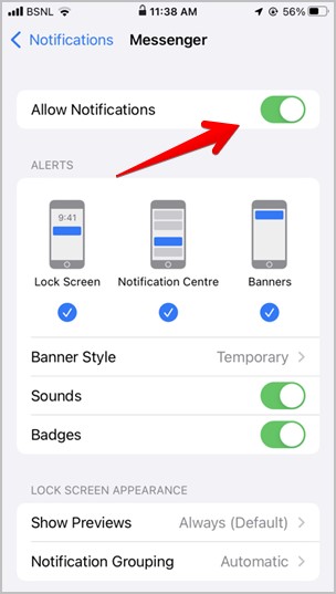 iPhone Notification Setting Allow
