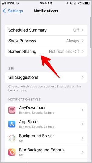 iPhone Notification Setting Screen Sharing