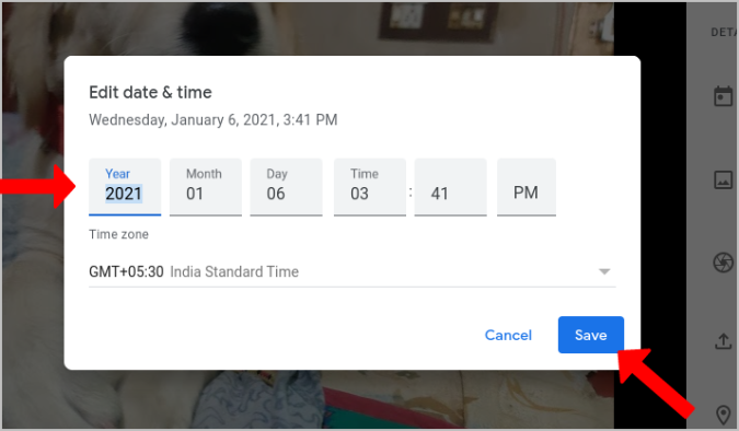 Entering new Date and Time in Google Photos