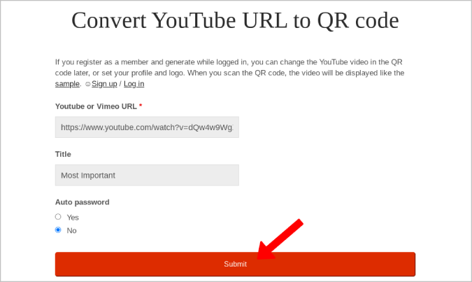 Submit the details to create a QR Code for YouTube Video 