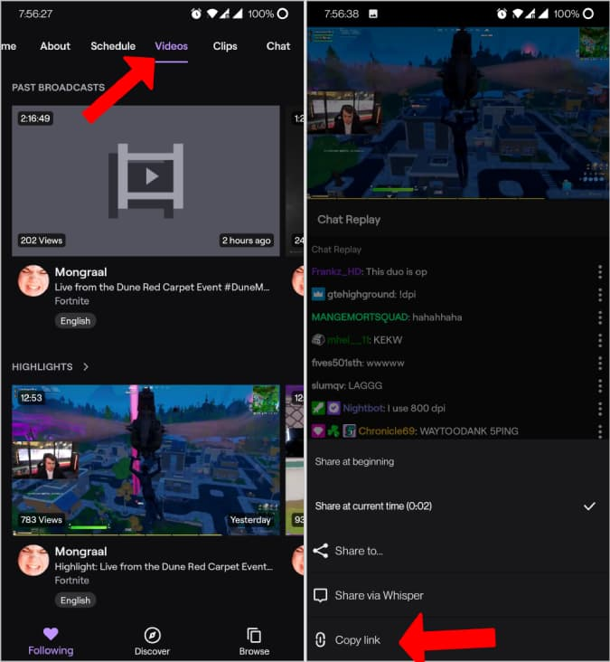 Copying video link from Twitch on Smartphone