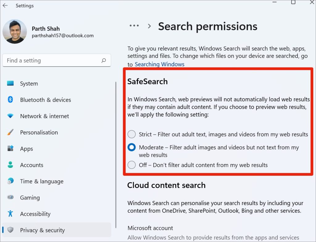 disable safesearch in windows