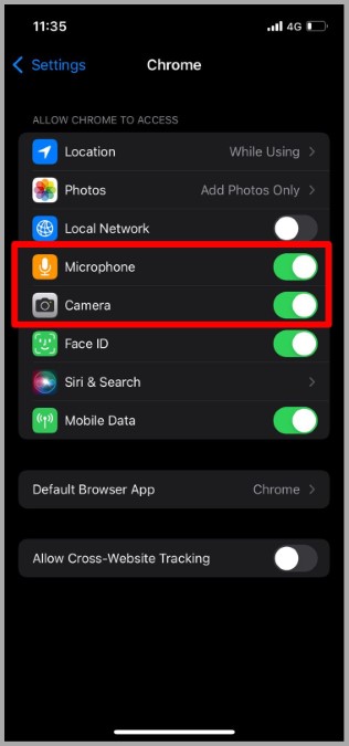 Allow Chrome Access to Camera and Microphone on iPhone