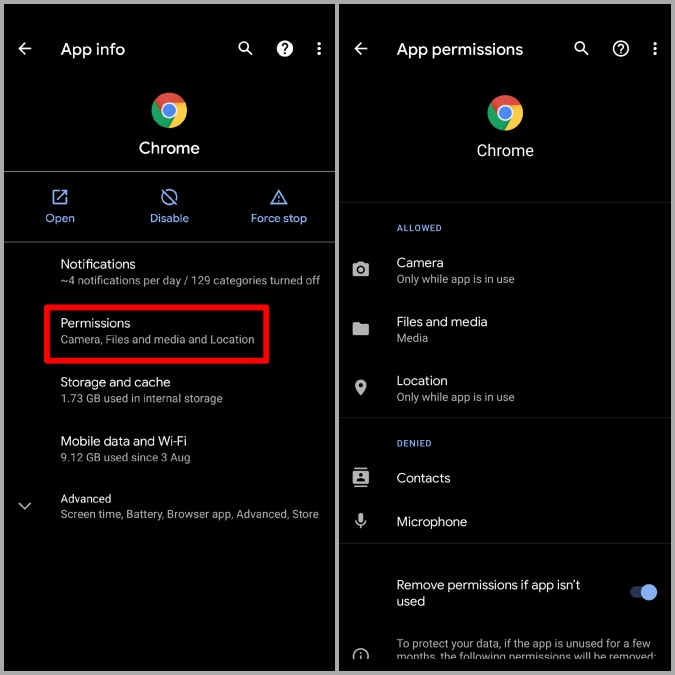 chrome app Permissions on Android