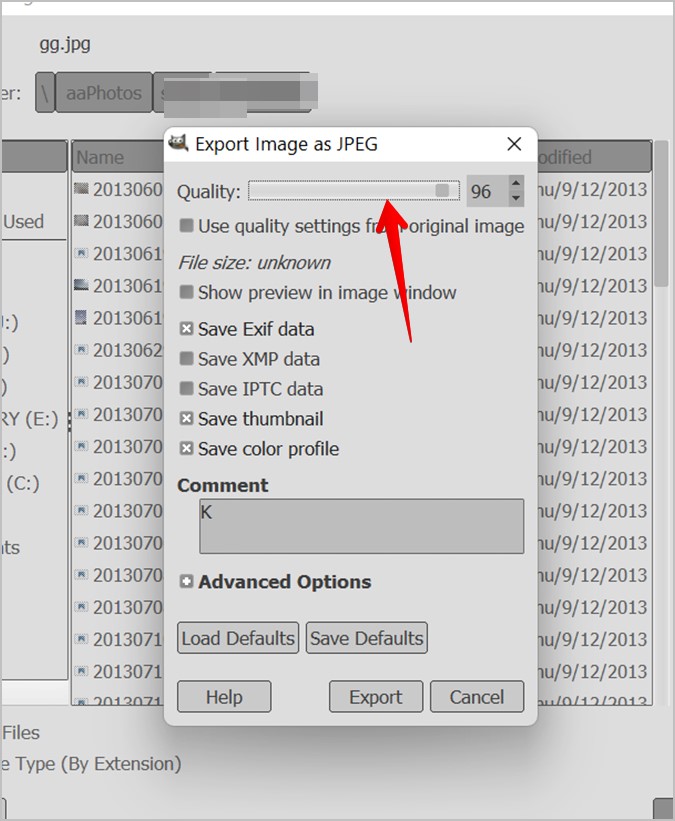 GIMP Resize Image Size Export As Quality