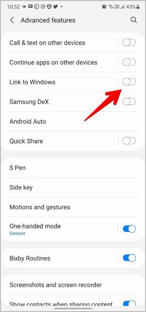 habilitar el enlace a Windows en el teléfono Samsung