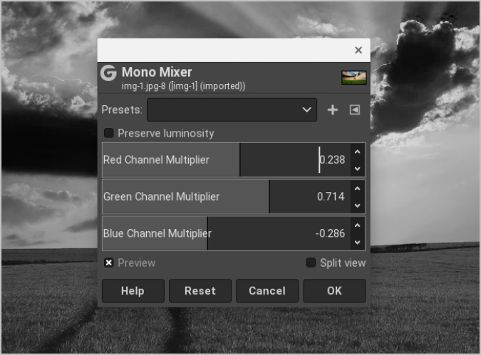 Adjusting RGB channels on Mono Mixer on GIMP