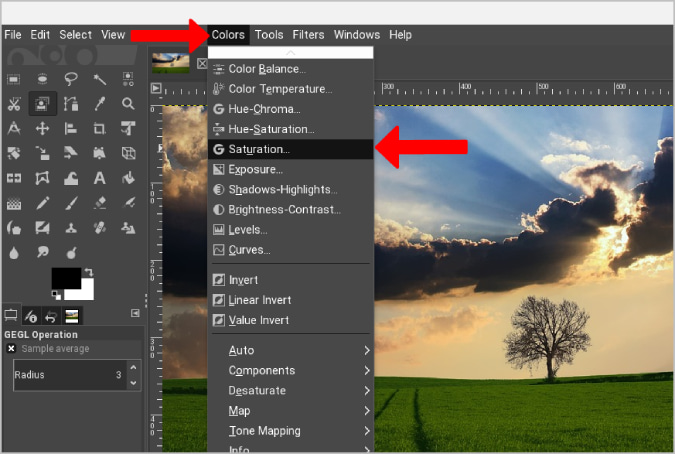 Opening Saturation feature on GIMP