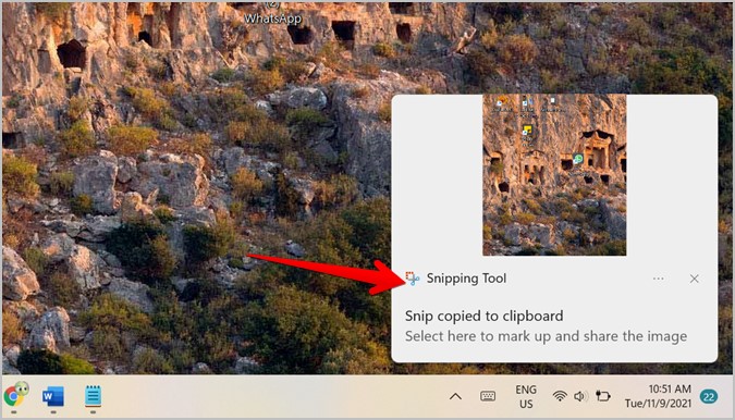 Snipping Tool Windows 11 Notification in Action Center