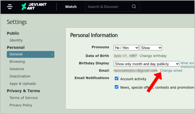 Changing email address on DeviantArt 