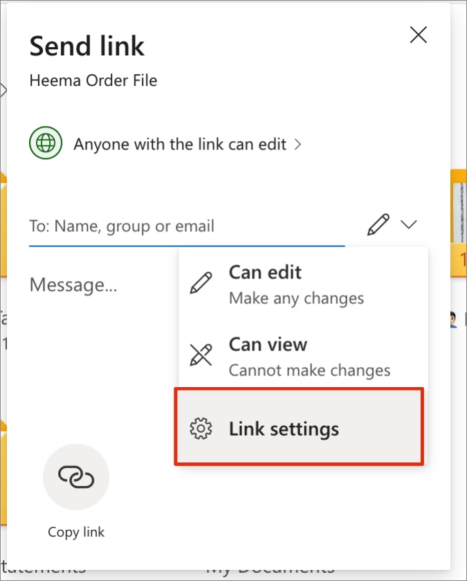 click link settings in onedrive web