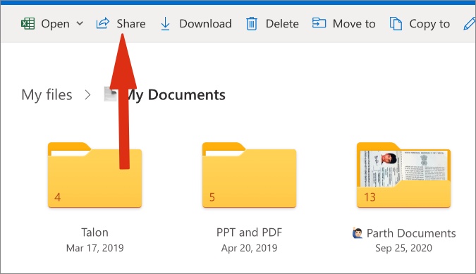 share option in onedrive web