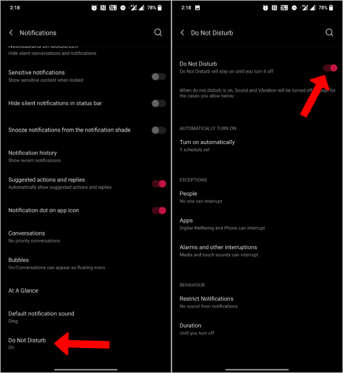 Do not disturb settings on android