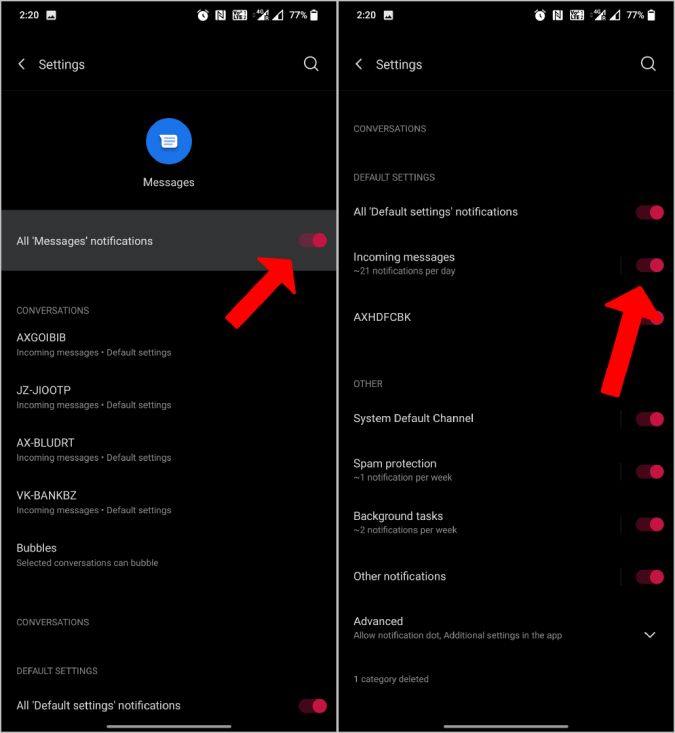 Enabling notifications from Google Messages 