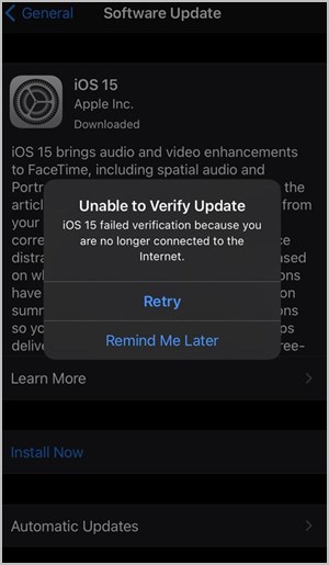 Unable to Install iOS 15 Verify Update