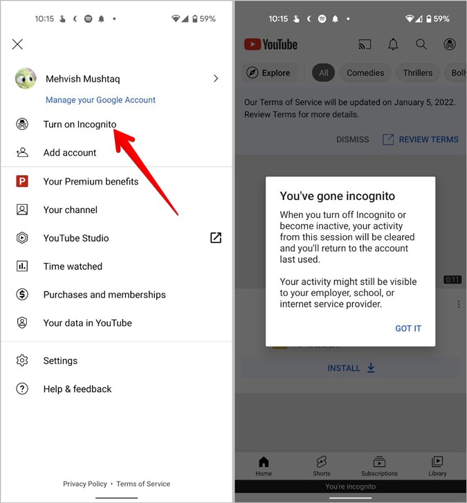 YouTube Incognito Mobile Enable