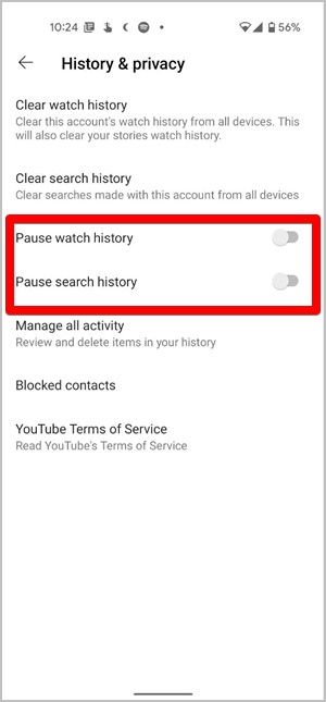 YouTube Incognito Mobile Watch History Pause