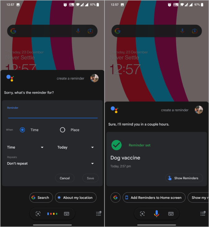Creating a reminder from Google Assistant 