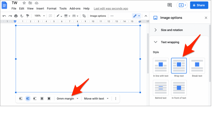 margin option in google docs for layering images