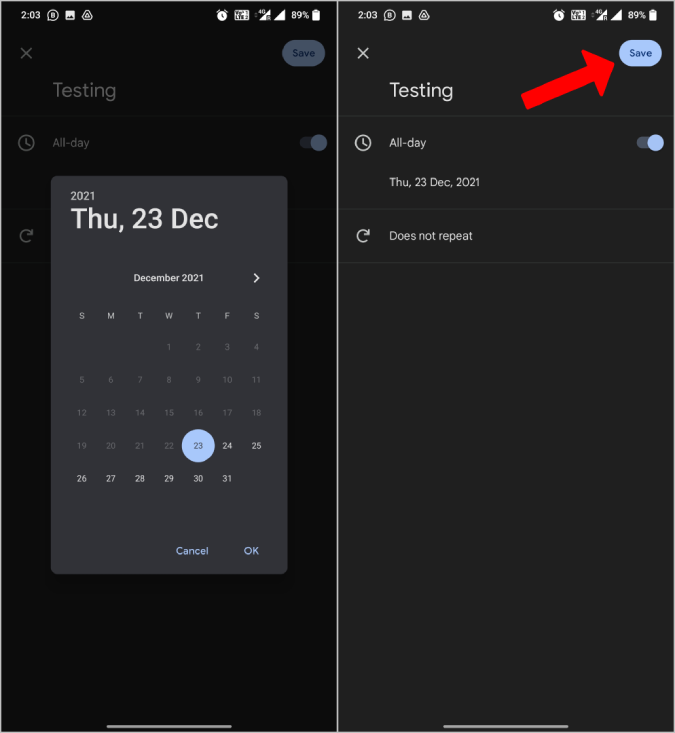 Setting up reminder in the Google Calendar smartphone app 