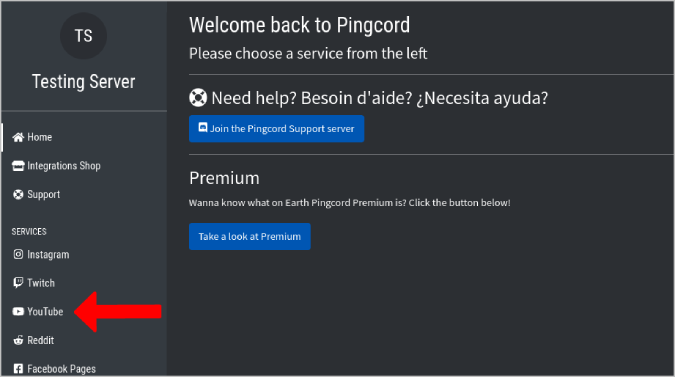 Selecting YouTube on Pingcord