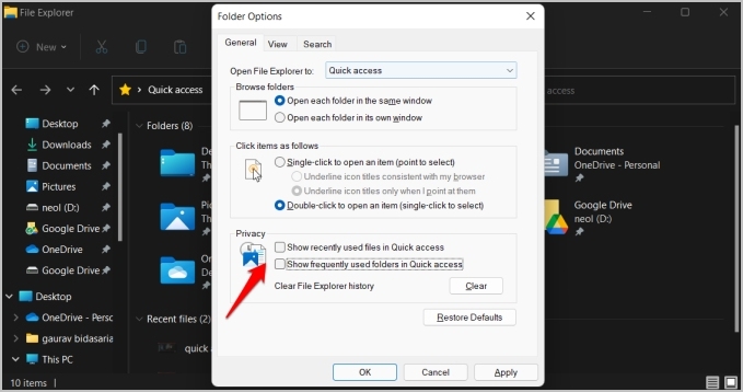quick access menu options in file explorer settings in windows