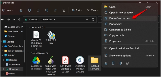 pin folder to quick access menu in windows 11
