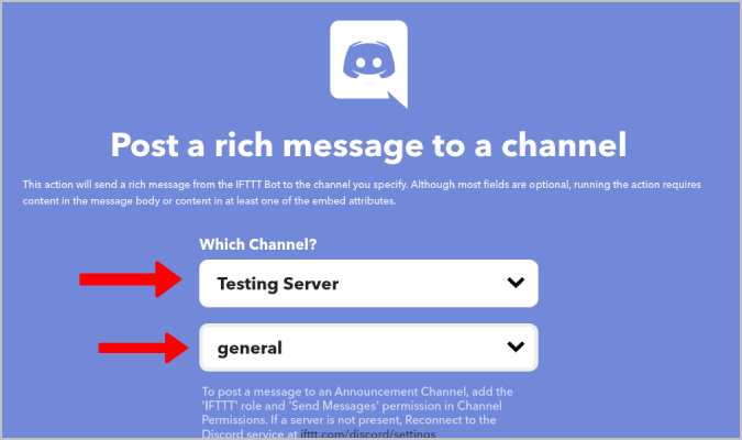 Setting the channel and server in IFTTT