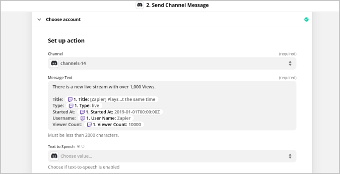 Selecting the channel and message on Zapier