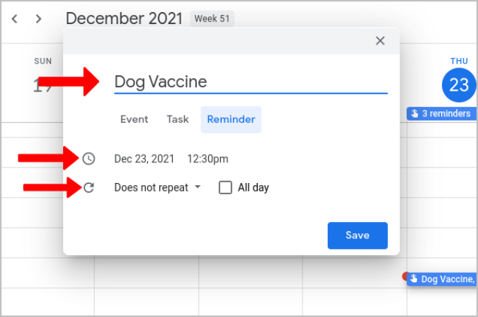 Filling up details in Google Calendar 