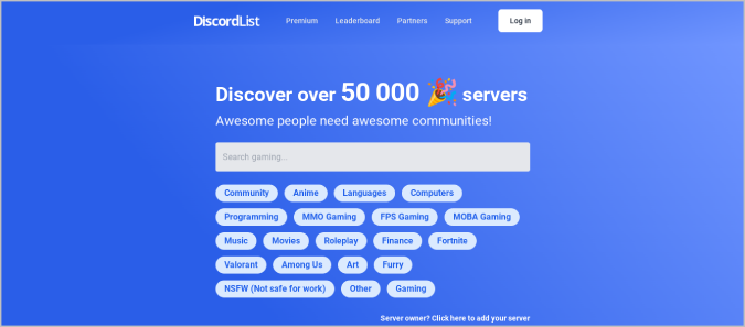 Discord List website listing 50,000 servers. 