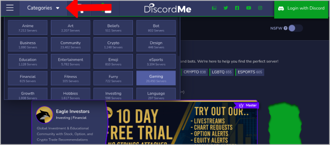 Categories option on Discord Me 