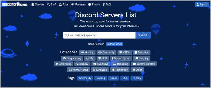 Discord Home website homepage showing Server Categories