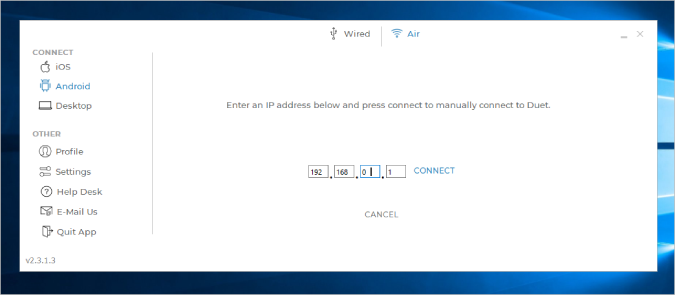 Manually entering IP address to connect. 