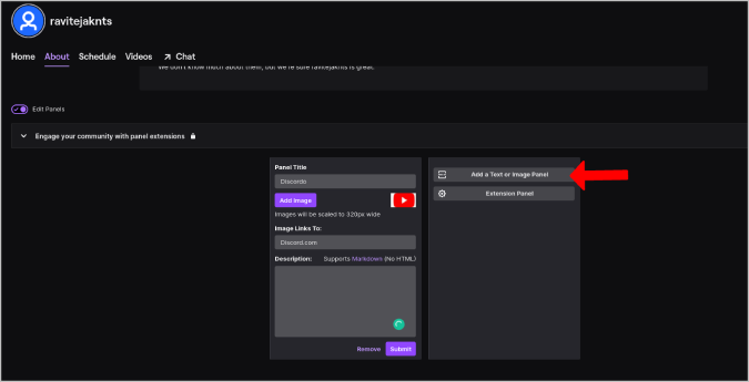 adding text or image panel in twitch