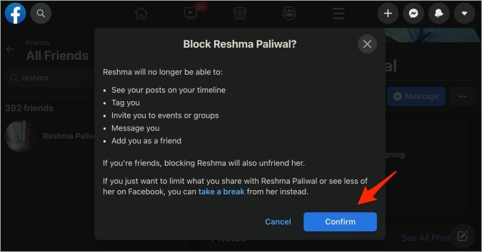 confirm block in facebook web