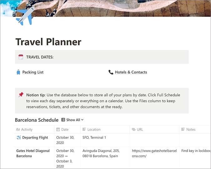 travel planner notion template
