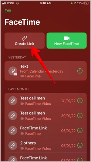 Facetime links Create Button