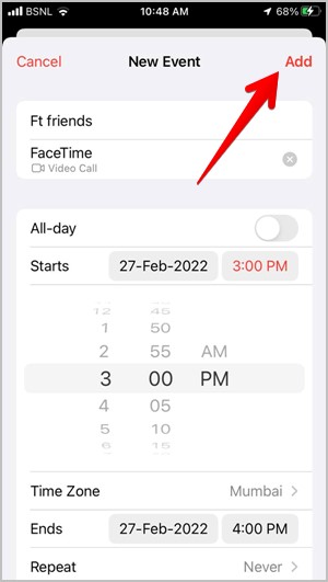Facetime links Schedule Add Event