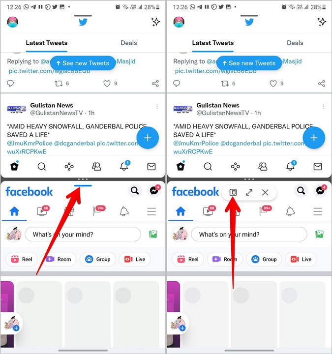 Vista emergente de pantalla dividida de Samsung desde aplicaciones