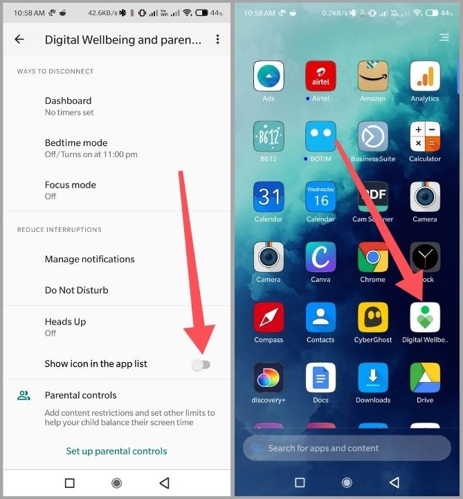Ícono de bienestar digital en la lista de aplicaciones en Android 