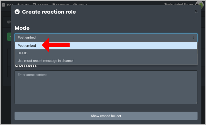 Choosing Post embed option in carl bot reaction roles