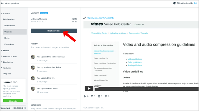 Replace option in version page on Vimeo